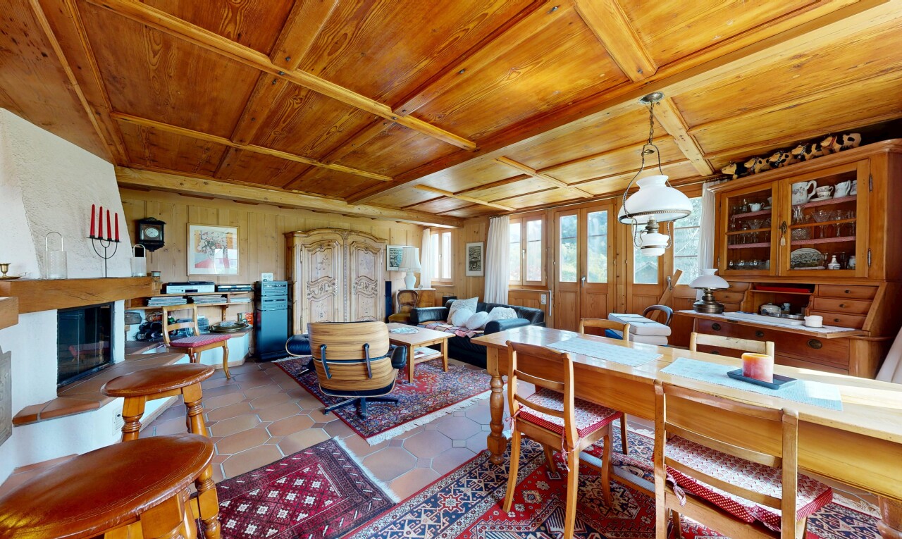 salon / salle à manger avec plafond en bois, wood ceiling, inside property, lumière naturelle, et natural light