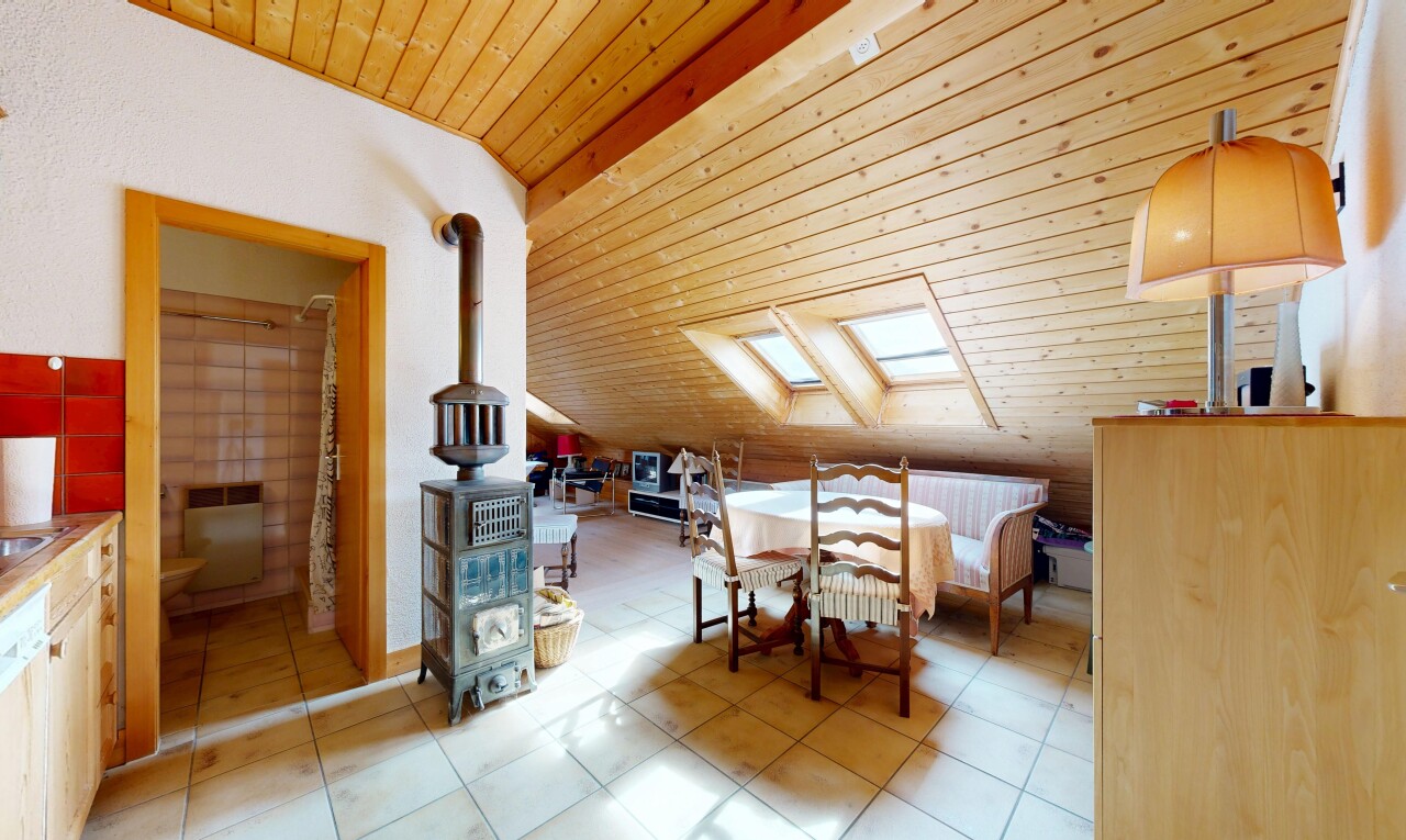 salle à manger avec plafond voûté, vaulted ceiling, plafond en bois, wood ceiling, et puits de lumière