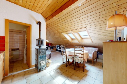 salle à manger avec plafond voûté, vaulted ceiling, plafond en bois, wood ceiling, et puits de lumière