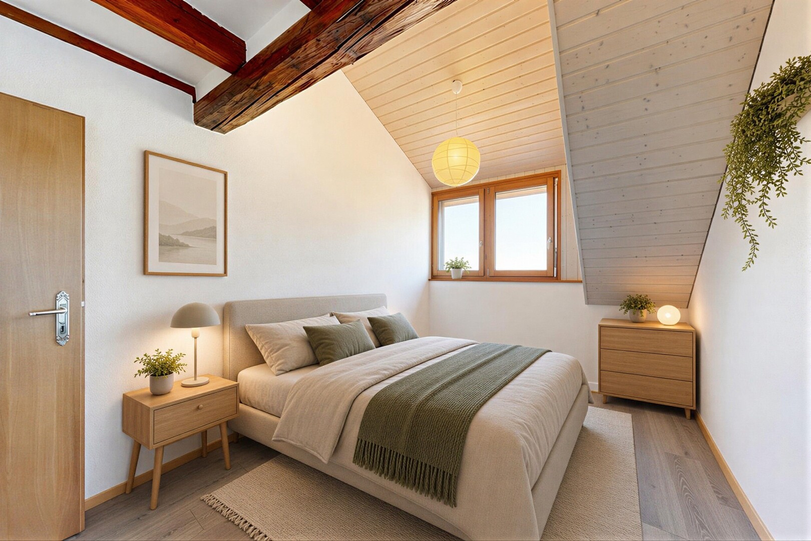 chambre avec lumière naturelle, natural light, plafond à poutres, beamed ceiling, et inside property