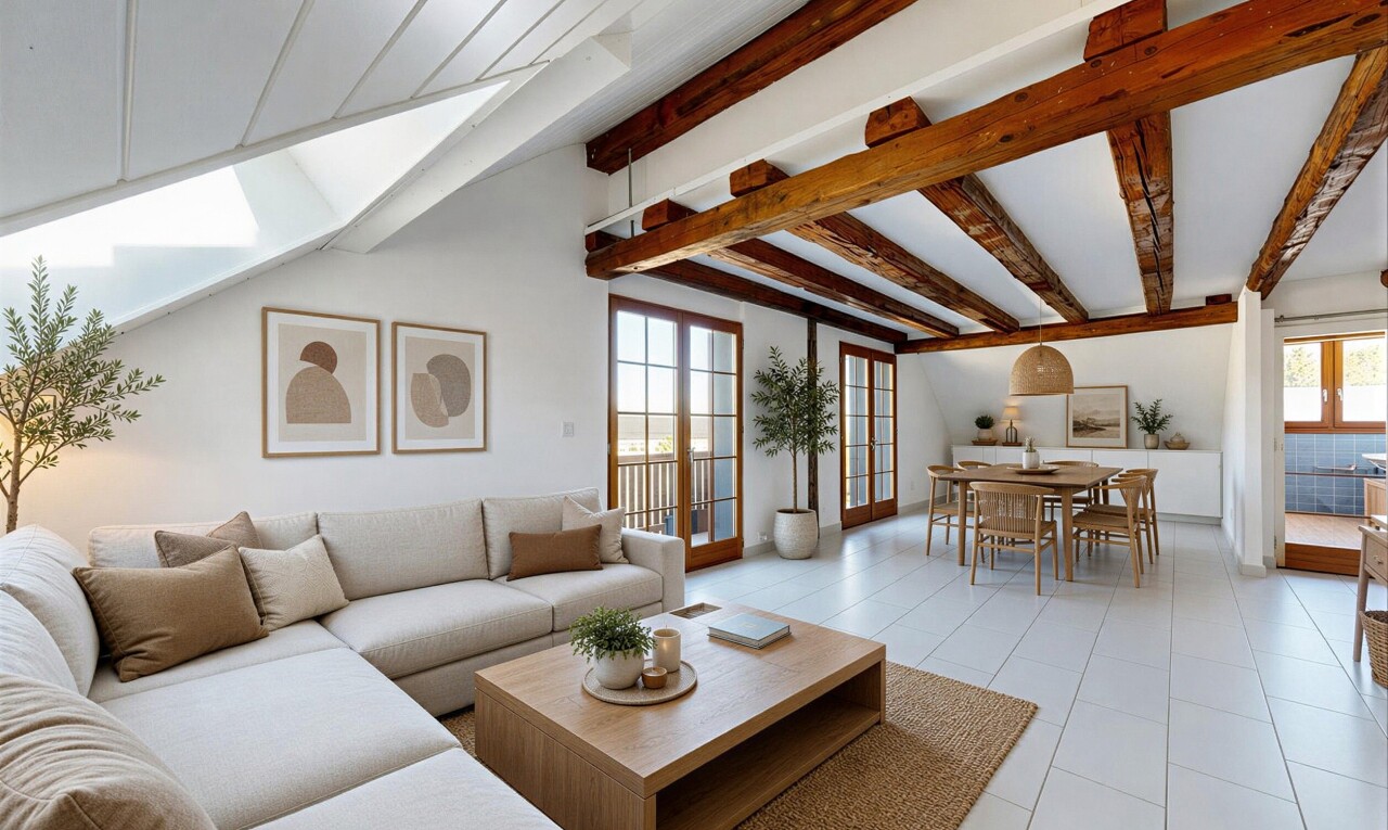 salon avec inside property, plafond à poutres, beamed ceiling, lumière naturelle, et natural light