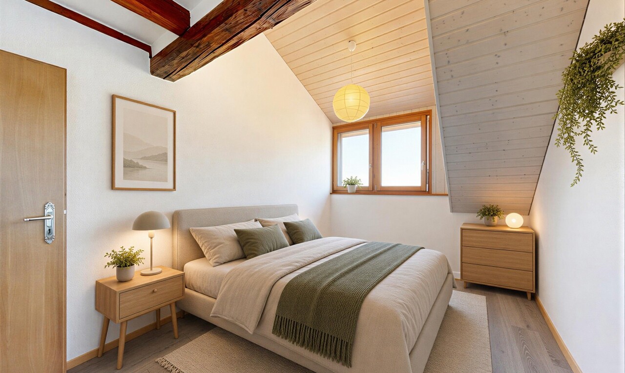 chambre avec lumière naturelle, natural light, plafond à poutres, beamed ceiling, et inside property
