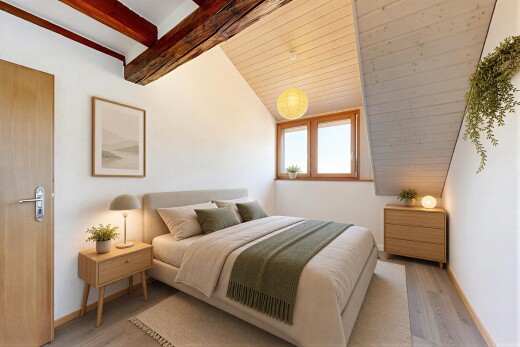 chambre avec lumière naturelle, natural light, plafond à poutres, beamed ceiling, et inside property