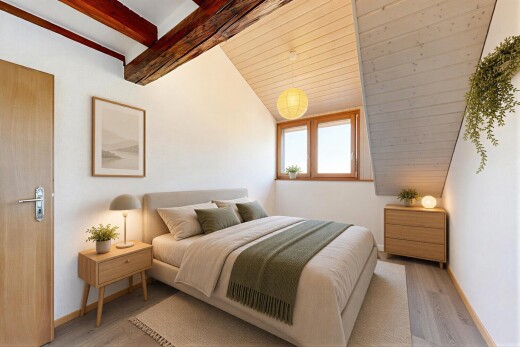 chambre avec beamed ceiling, plafond à poutres, wood finish floor, sol en finition bois, et drywall