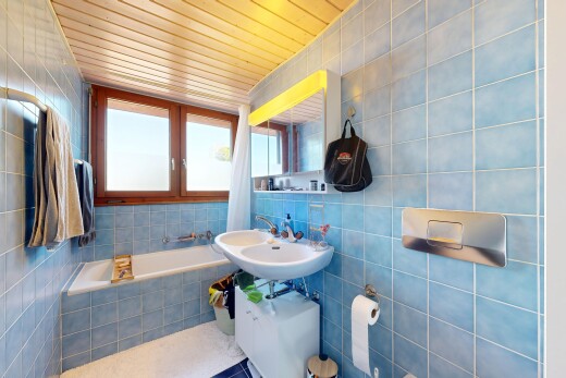 salle de bains avec tile wall, mur en carrelage, salle de bain complète, miroir, et natural light
