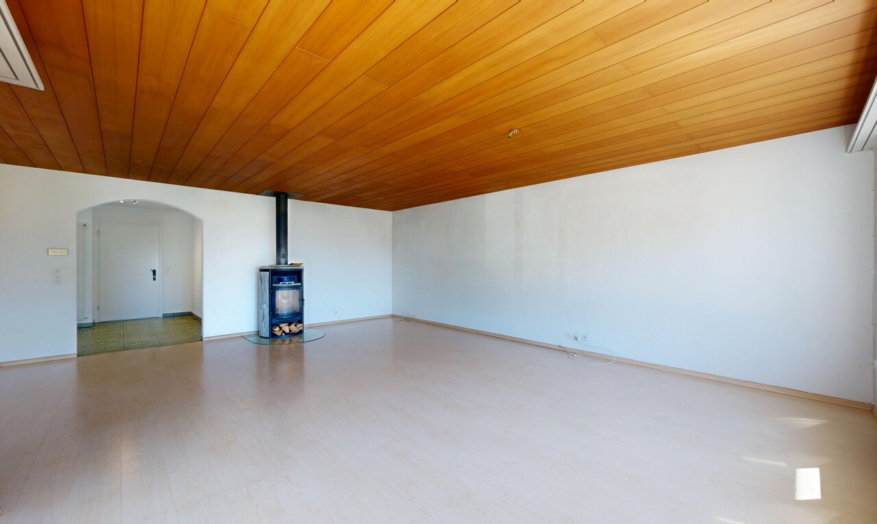 leerer raum mit holzdecke, wood ceiling, gewölbte gehwege, gipskartonwand, und drywall