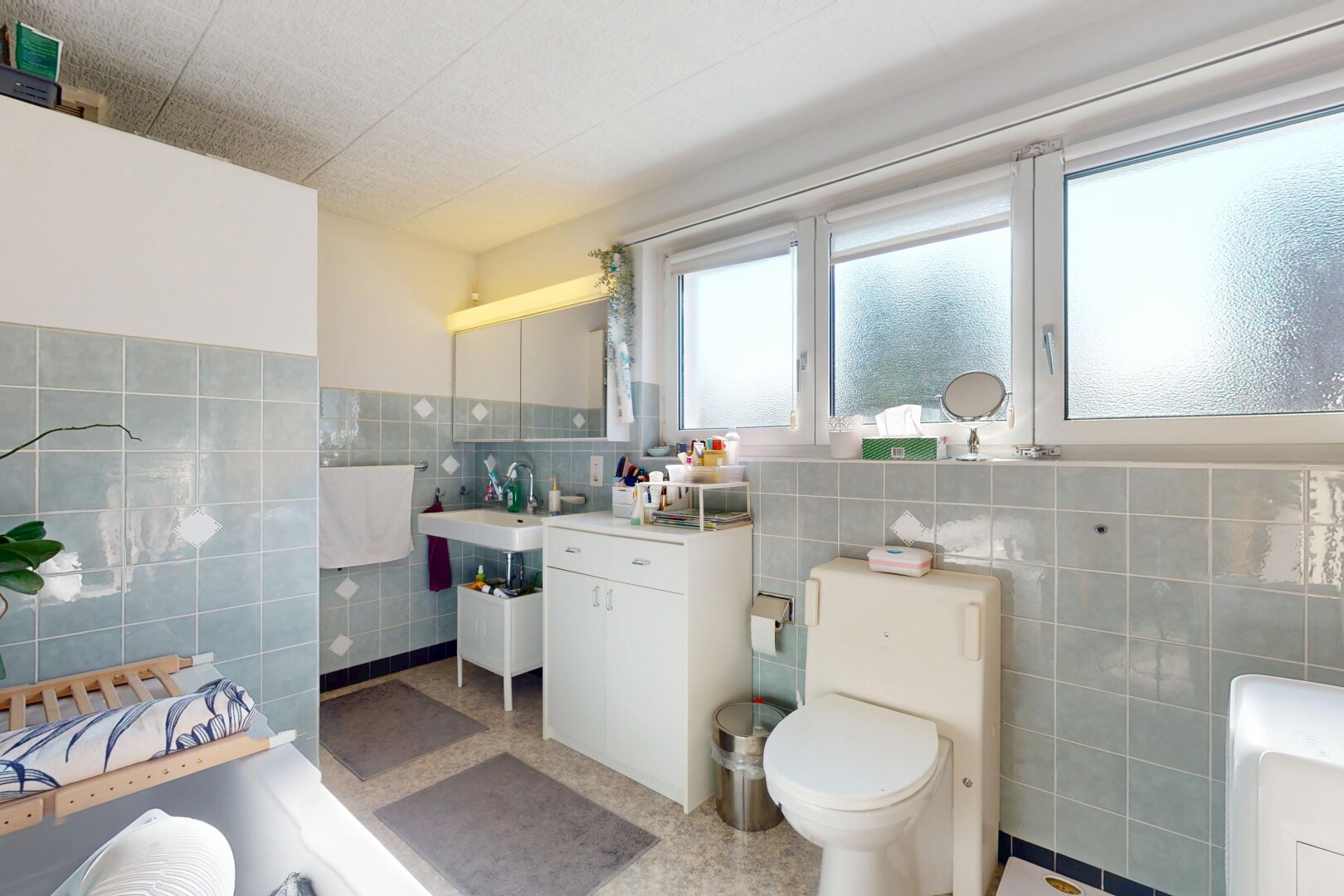 salle de bains avec mur en carrelage, tile wall, inside property, toilette, et lumière naturelle