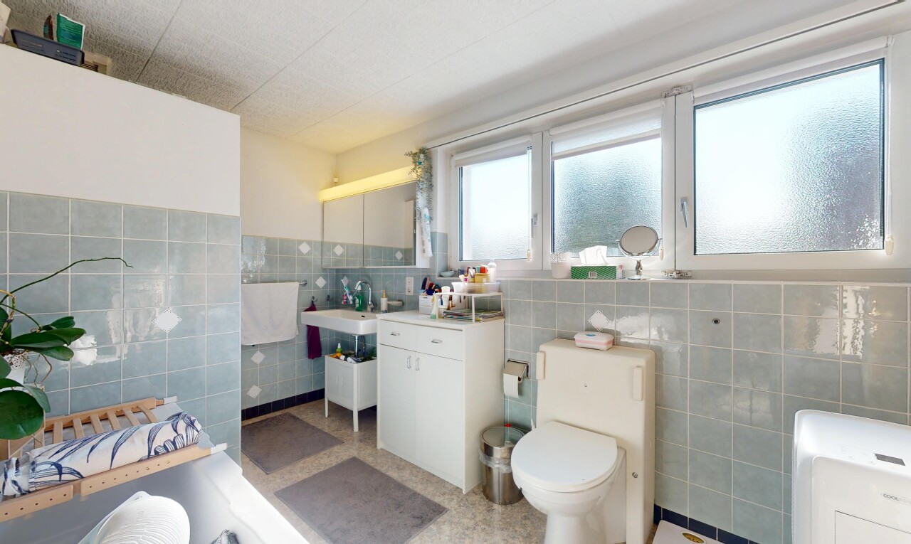 salle de bains avec mur en carrelage, tile wall, inside property, toilette, et lumière naturelle