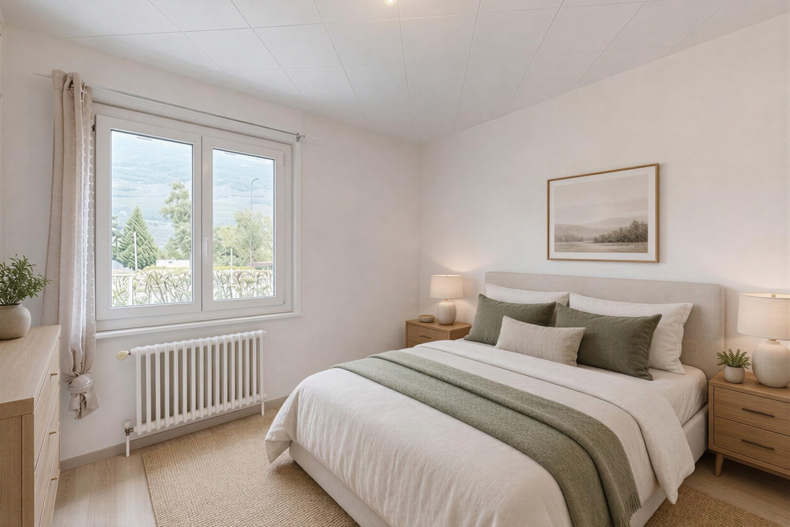 chambre avec tile ceiling, radiateur, drywall, cloison sèche, et inside property