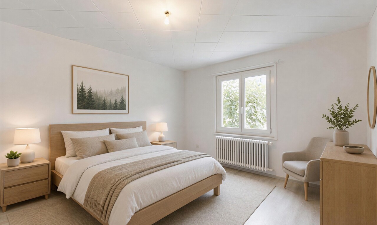chambre avec radiateur, inside property, drywall, cloison sèche, et virtually staged