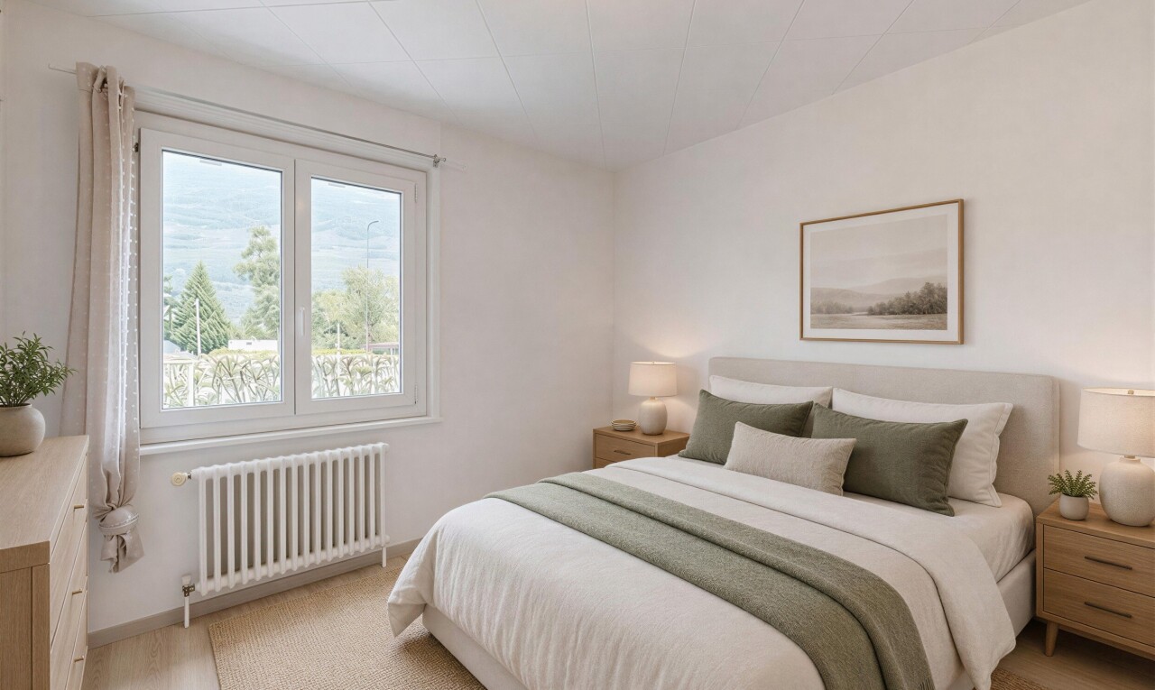 chambre avec tile ceiling, radiateur, drywall, cloison sèche, et inside property