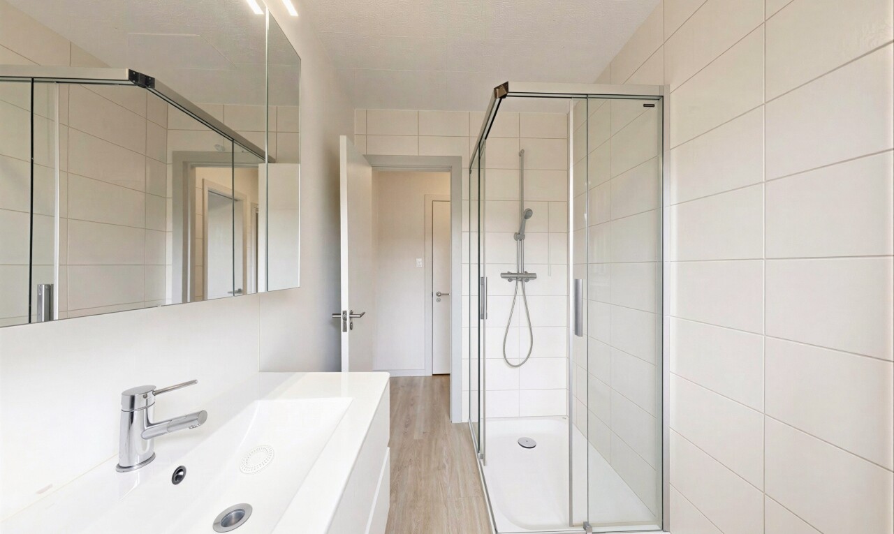 salle de bains avec douche, inside property, salle de bain complète, lavabo (ou coiffeuse selon le contexte), et évier
