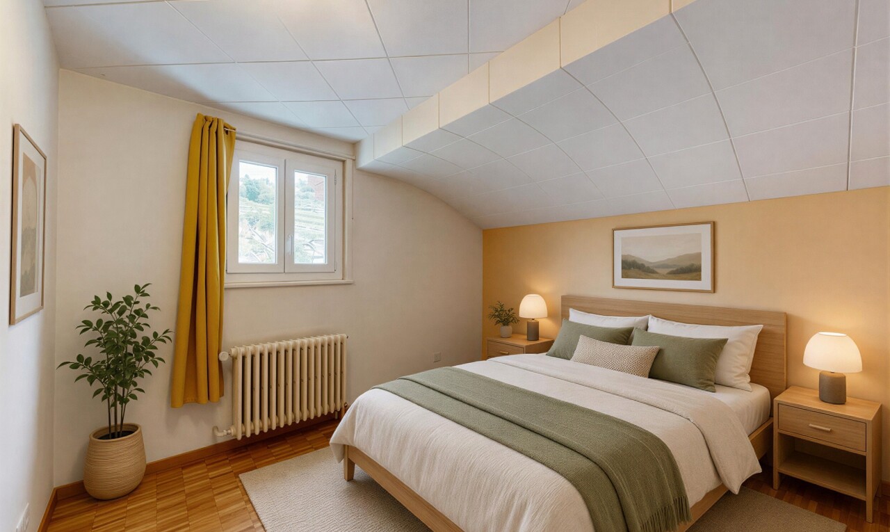 chambre avec drywall, cloison sèche, radiateur, inside property, et tile ceiling