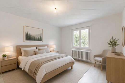 chambre avec radiateur, inside property, drywall, cloison sèche, et virtually staged