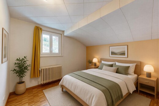 chambre avec drywall, cloison sèche, radiateur, inside property, et tile ceiling