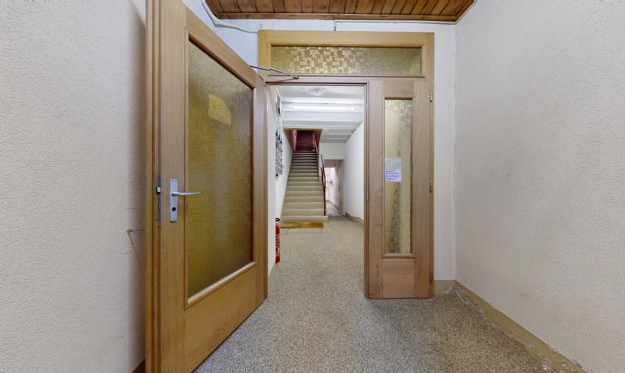 couloir avec moquette, carpet, inside property, light floor, et escaliers