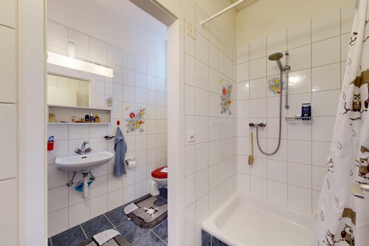 bad mit spiegel, dusche, toilette, komplettes badezimmer, und tile wall