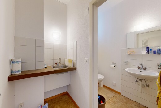 bad mit küchenrückwand beim herd, küchenrückwand beim Herd, fliesenwand, tile wall, und toilette
