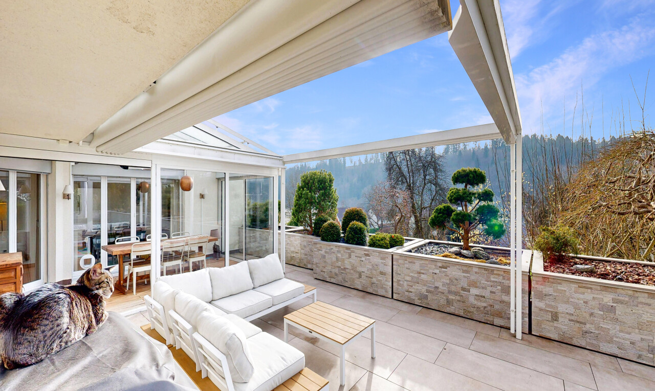 terrasse mit essbereich im freien, from property, wohnraum im freien, day time, und wintergarten