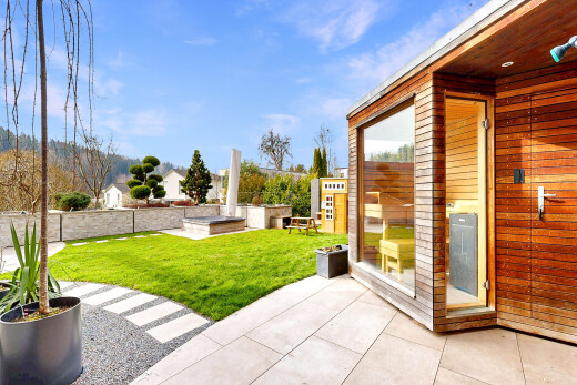 terrasse mit terrasse, from property, rasen, und day time