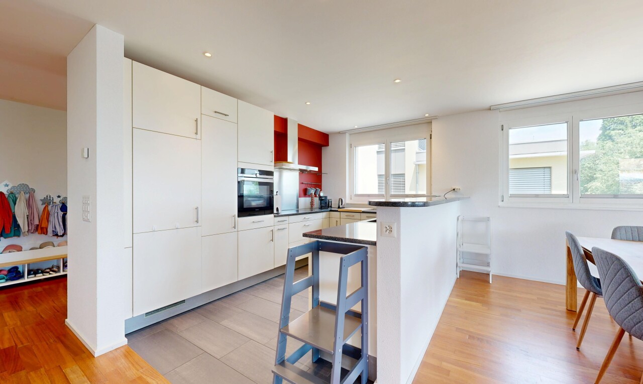 küche mit gipskartonwand, drywall, holzfußboden, wood finish floor, und ofen