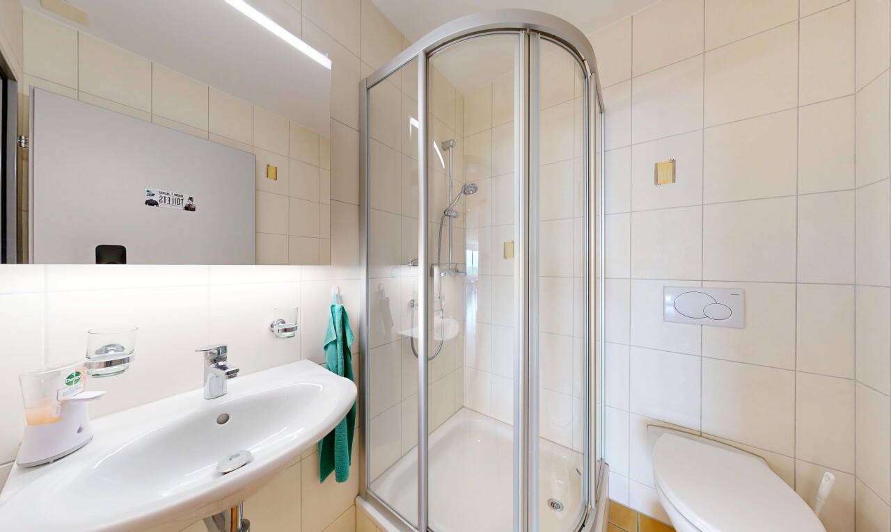 bad mit fliesenwand, tile wall, waschbecken, dusche, und komplettes badezimmer
