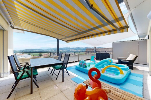terrasse mit markise, terrasse, essbereich im freien, pergola, und from property
