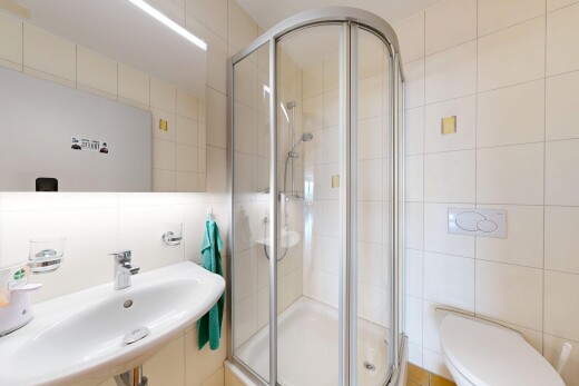 bad mit fliesenwand, tile wall, waschbecken, dusche, und komplettes badezimmer
