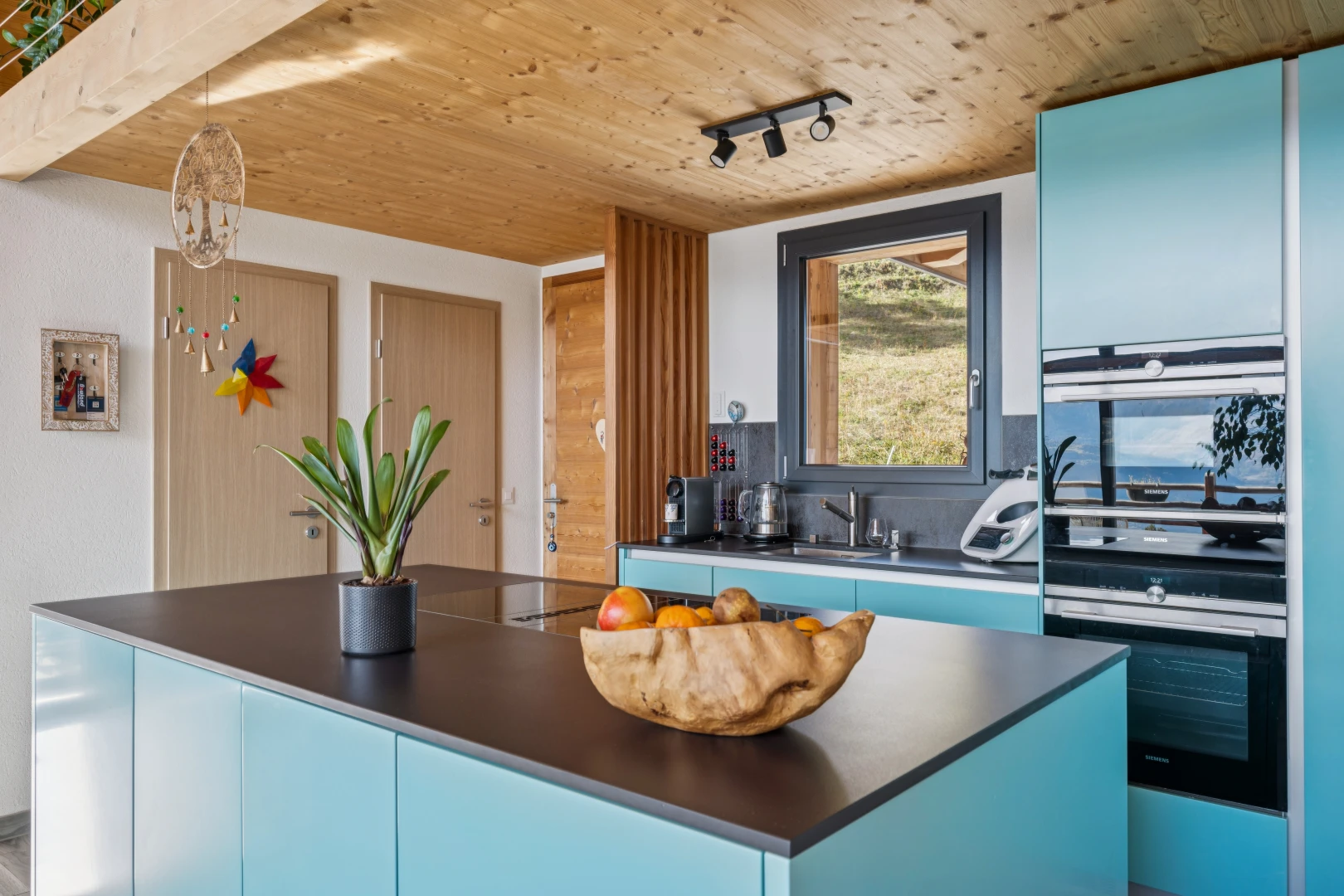 cuisine avec armoires bleues, blue cabinets, plans de travail, dark countertops, et plafond en bois