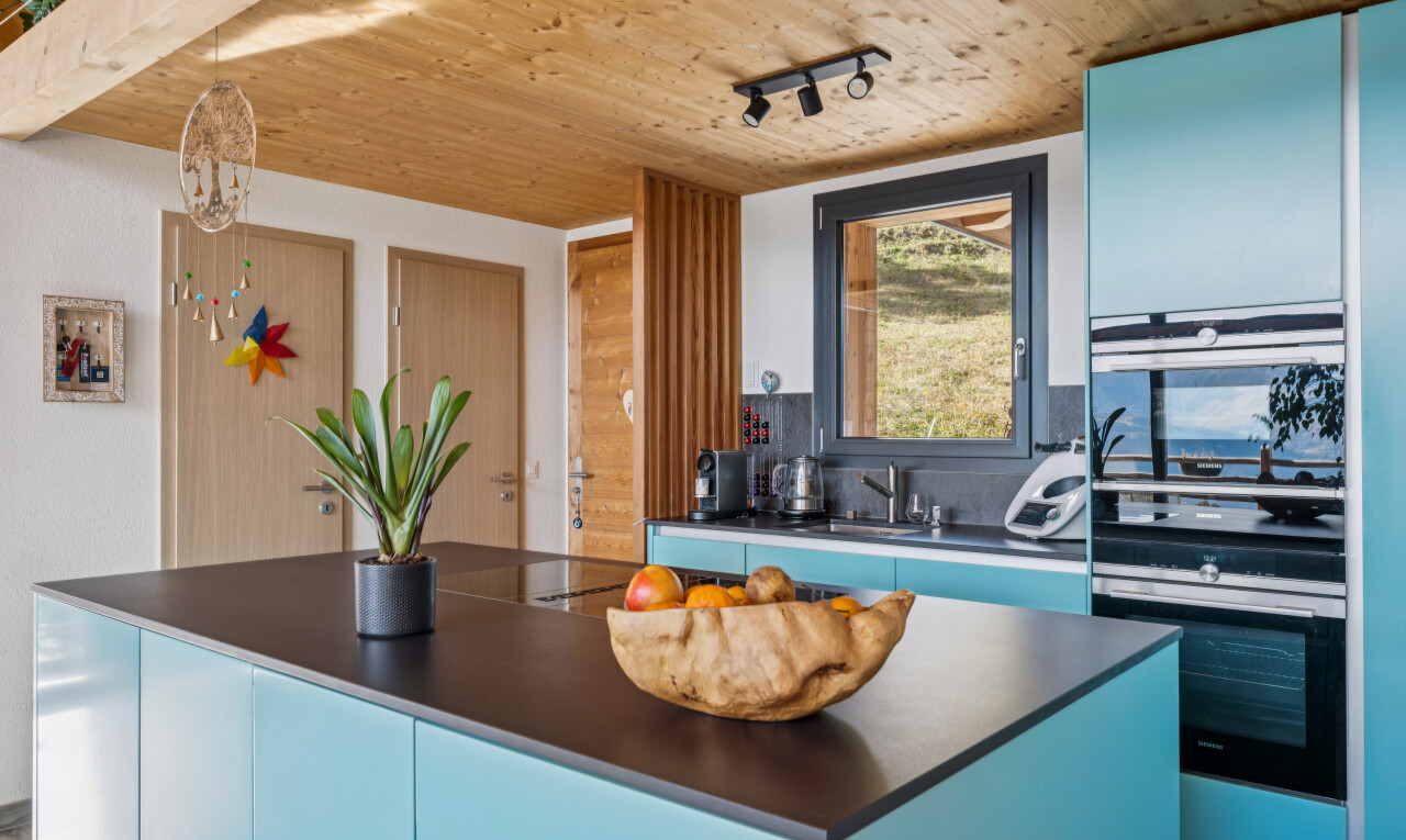cuisine avec armoires bleues, blue cabinets, plans de travail, dark countertops, et plafond en bois