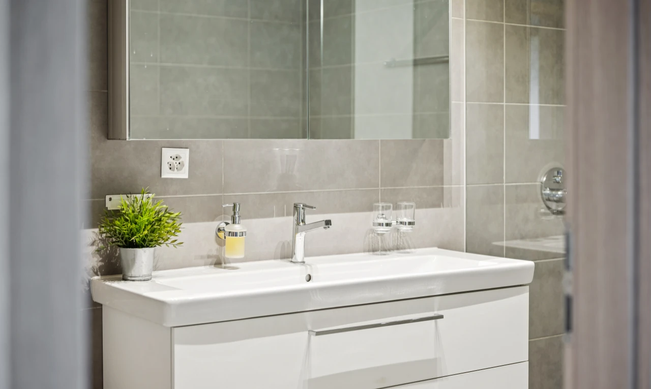 salle de bains avec lavabo (ou coiffeuse selon le contexte), miroir, évier, salle de bain complète, et inside property