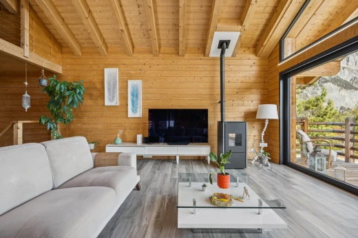 salon avec poêle à bois, plafond à poutres, beamed ceiling, plafond voûté, et vaulted ceiling
