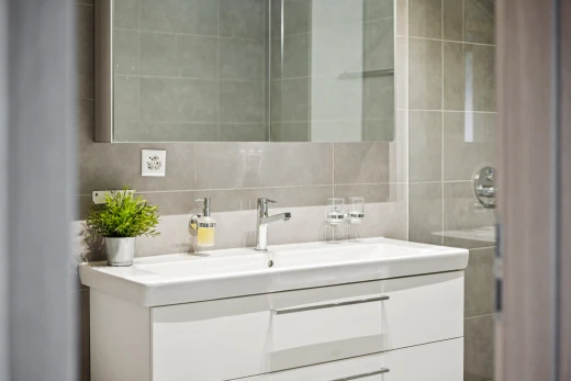 salle de bains avec lavabo (ou coiffeuse selon le contexte), miroir, évier, salle de bain complète, et inside property
