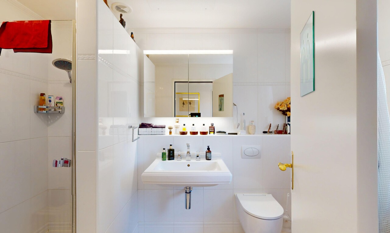bad mit komplettes badezimmer, waschbecken, spiegel, dusche, und toilette