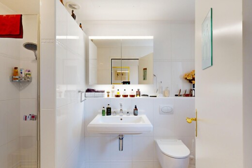 bad mit komplettes badezimmer, waschbecken, spiegel, dusche, und toilette