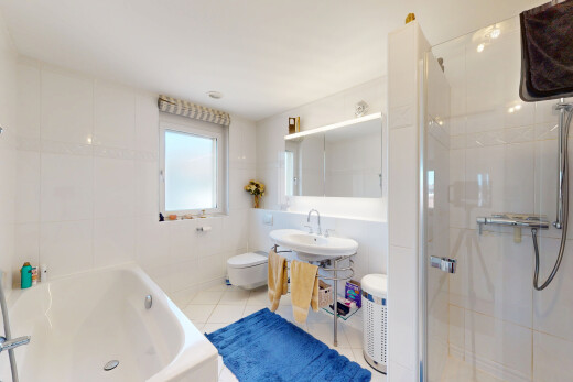 bad mit komplettes badezimmer, natürliches licht, spiegel, toilette, und dusche