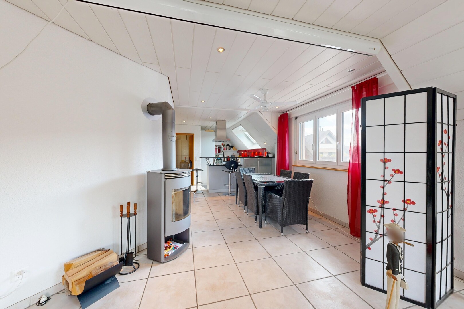 küche mit zusätzliches zimmer, einbauleuchten, fliesenboden, tile floor, und gipskartonwand