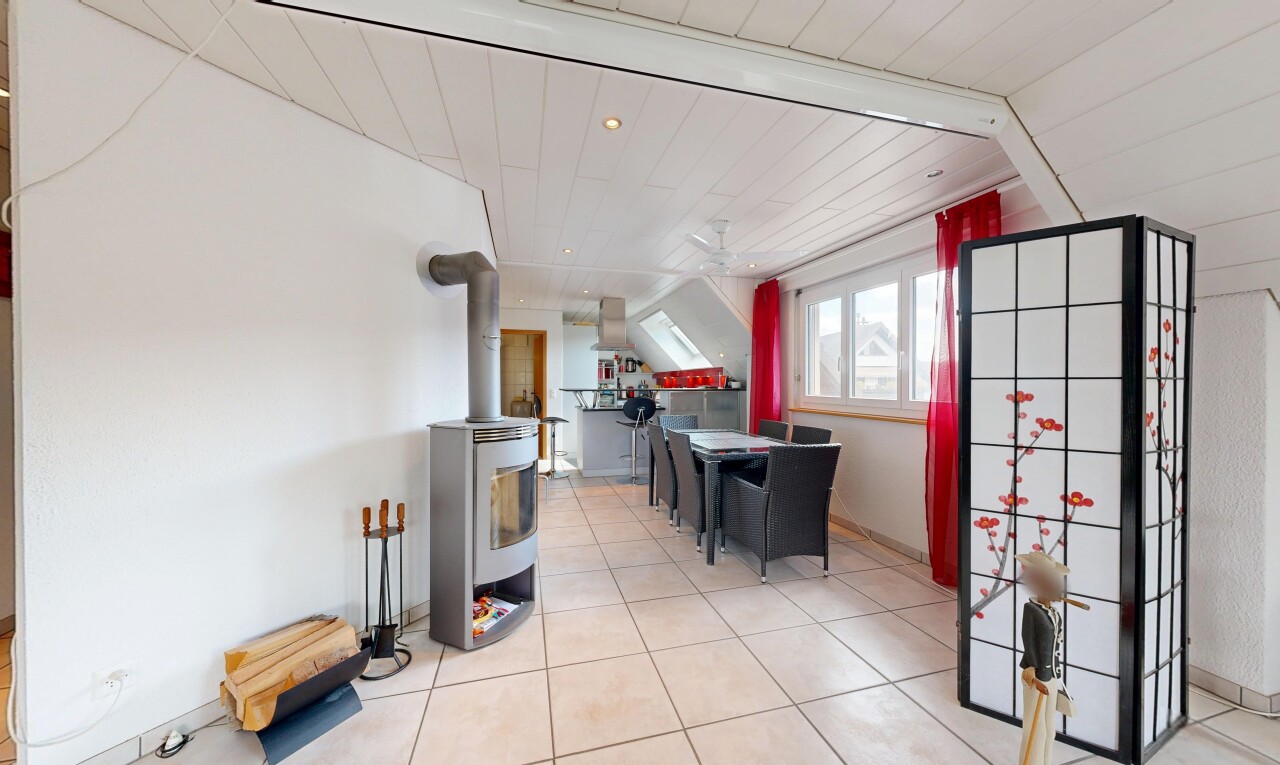 küche mit zusätzliches zimmer, einbauleuchten, fliesenboden, tile floor, und gipskartonwand
