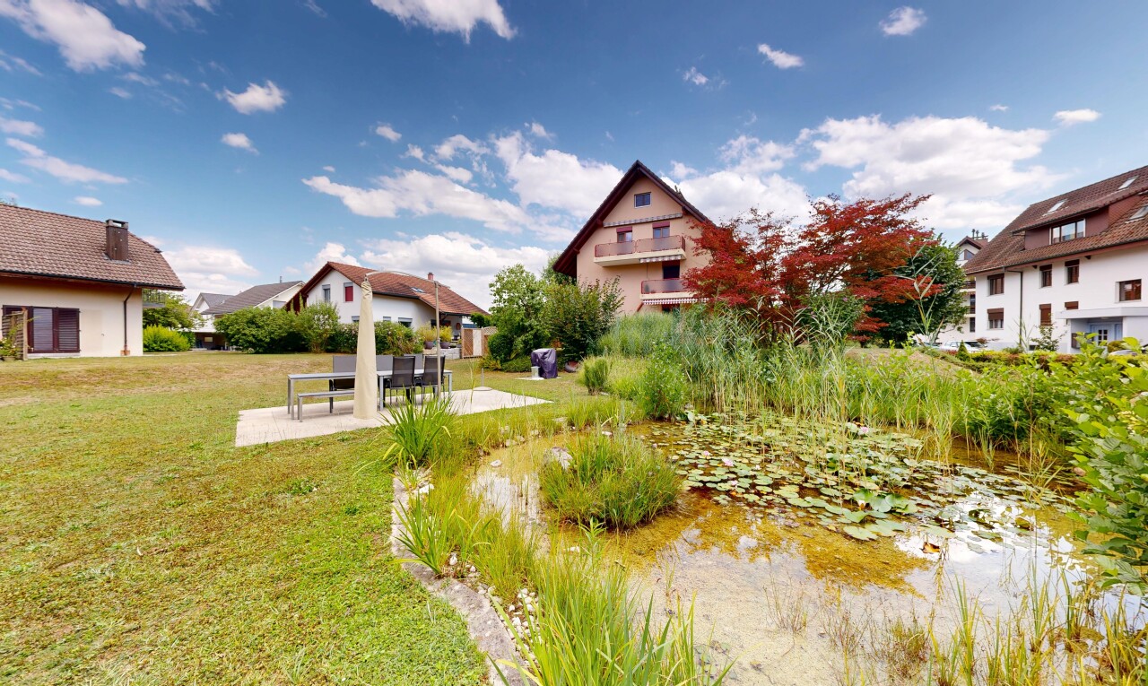 garten mit terrasse, rasen, und day time