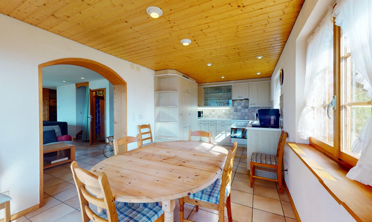 esszimmer mit küchenrückwand beim Herd, gewölbte gehwege, holzdecke, wood ceiling, und einbauleuchten
