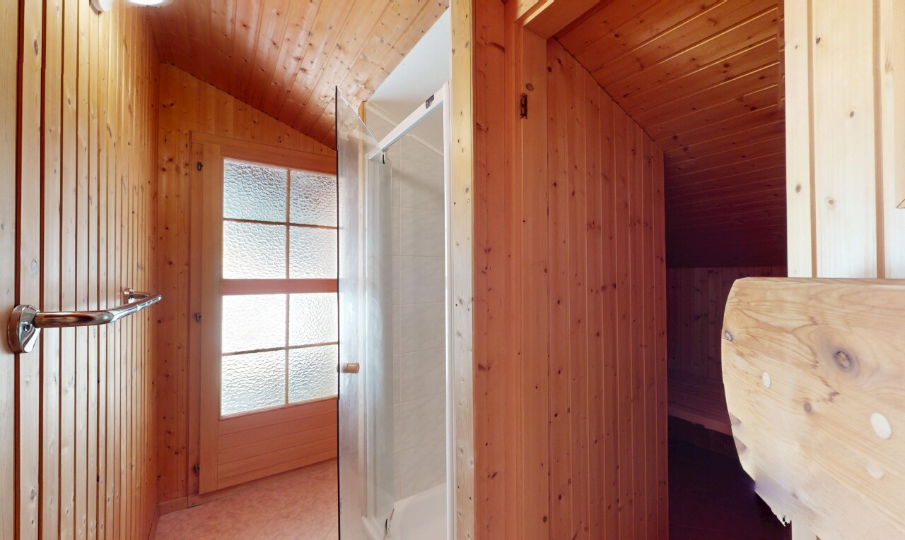 bad mit vaulted ceiling, dachschräge, inside property, dusche, und natural light
