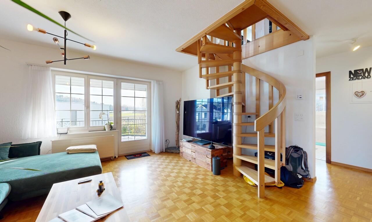 salon avec natural light, lumière naturelle, télévision, inside property, et parquet floor