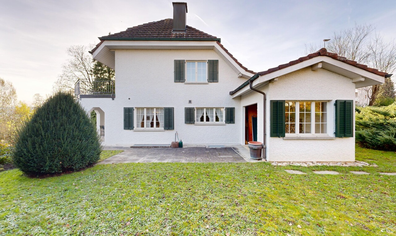façade avec pelouse, terrasse, property visible, cheminée, et bardage en stuc