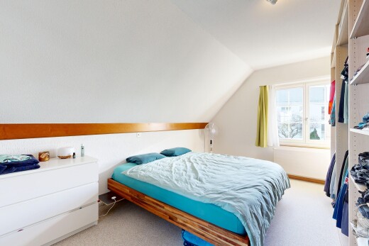 room / bedroom with carpet flooring and lofted ceiling