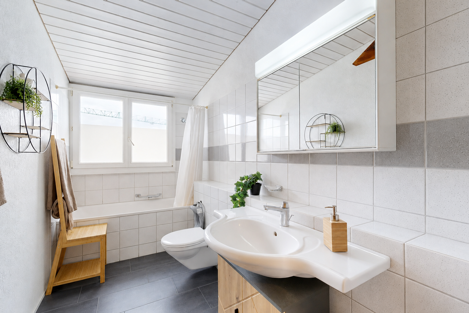 bad mit komplettes badezimmer, spiegel, kombiniertes bad / dusche, schminktisch, und inside property