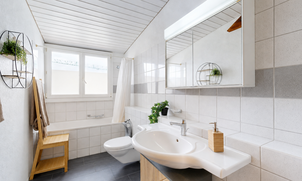 bad mit komplettes badezimmer, spiegel, kombiniertes bad / dusche, schminktisch, und inside property