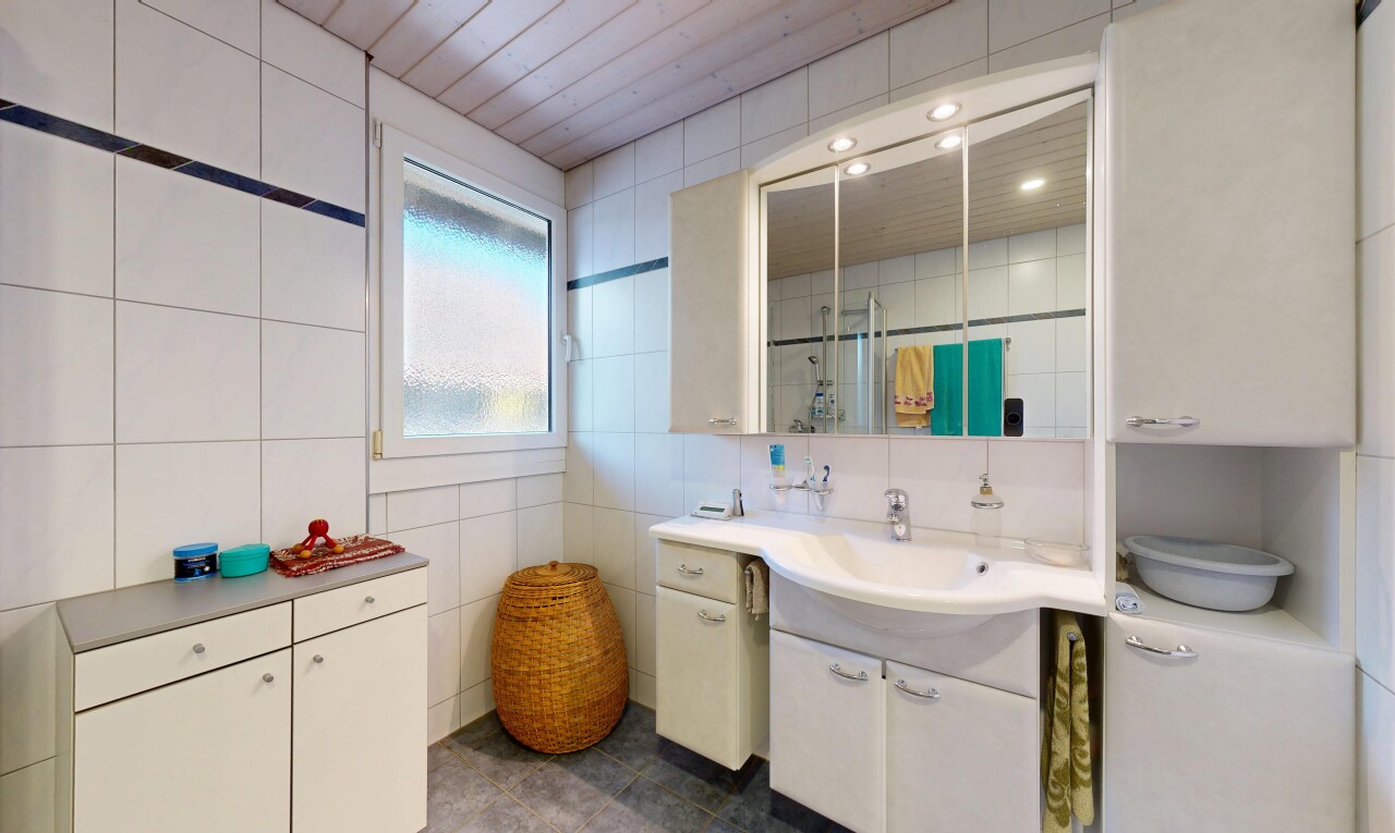 bad mit fliesenwand, tile wall, natürliches licht, natural light, und komplettes badezimmer
