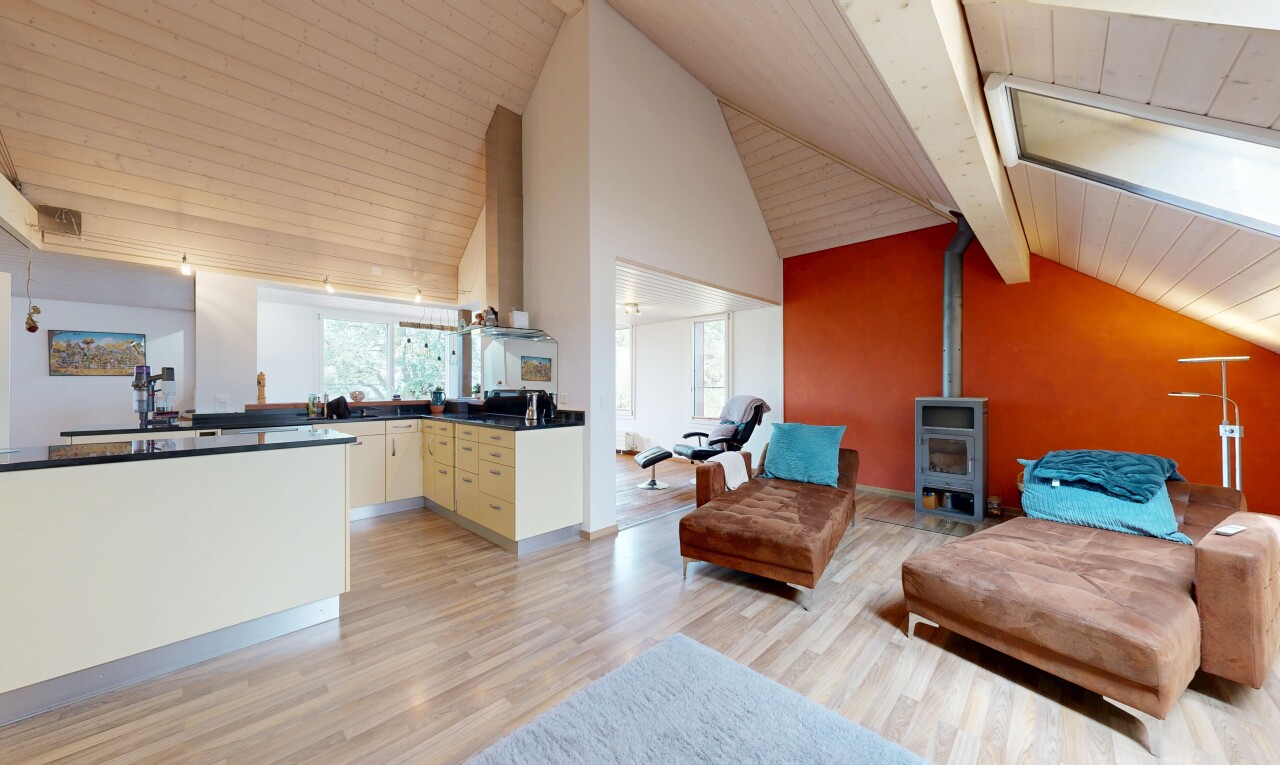 wohnzimmer mit holzofen, holzfußboden, wood finish floor, natürliches licht, und natural light