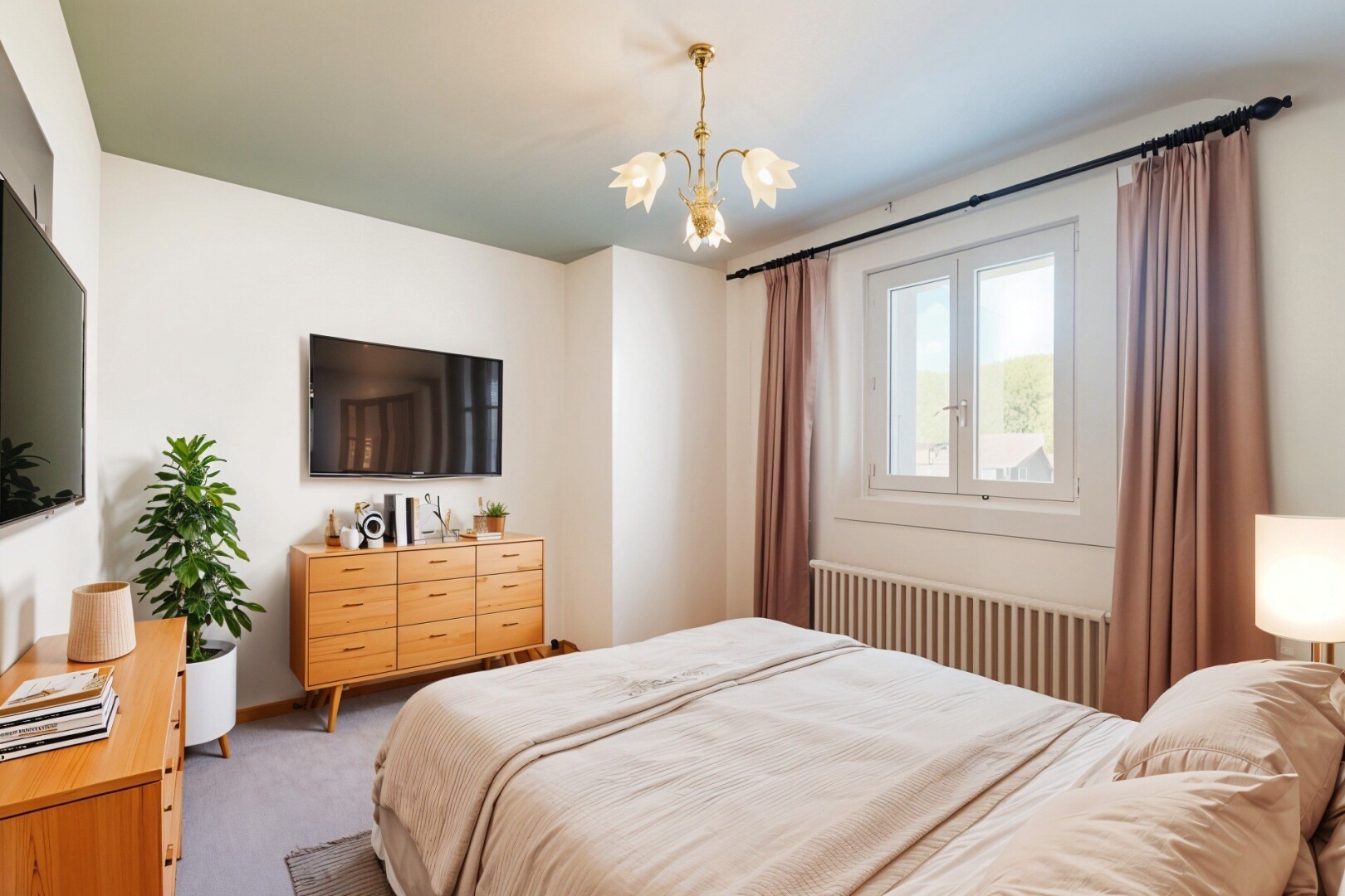 zimmer / schlafzimmer mit kühler, wallpaper wall, tapetenwand, bemerkenswerter kronleuchter, und inside property