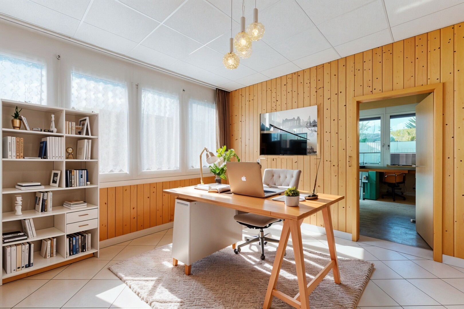 büro mit holzwand, wood wall, natürliches licht, natural light, und inside property